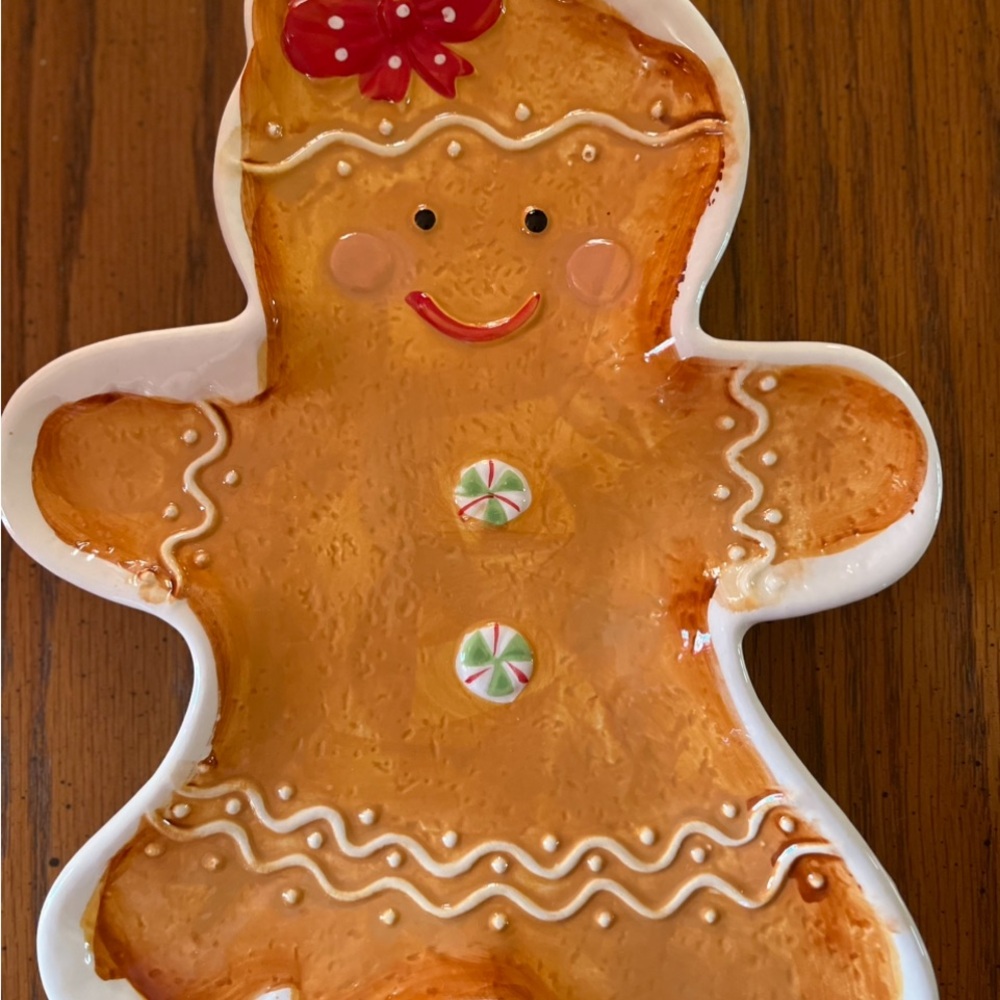 Potters Studio Christmas Gingerbread Man Girl Woman Bow Plate Candy Dish Platter
